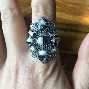 Genuine White Buffalo Sterling Silver Cocktail Ring Size 10